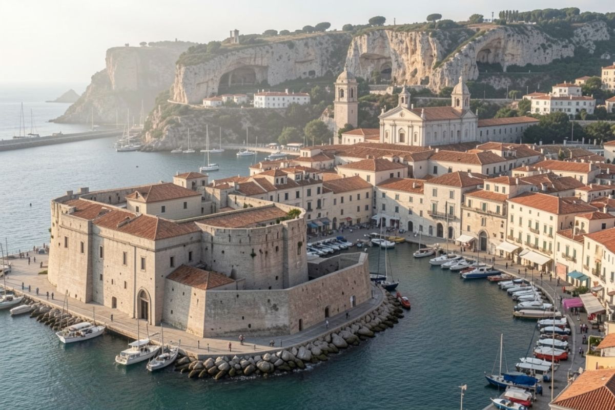 Scorcio panoramico della città di Monopoli con il porto antico, il centro storico e le chiese rupestri sullo sfondo. Atmosfera mattutina, luce naturale.